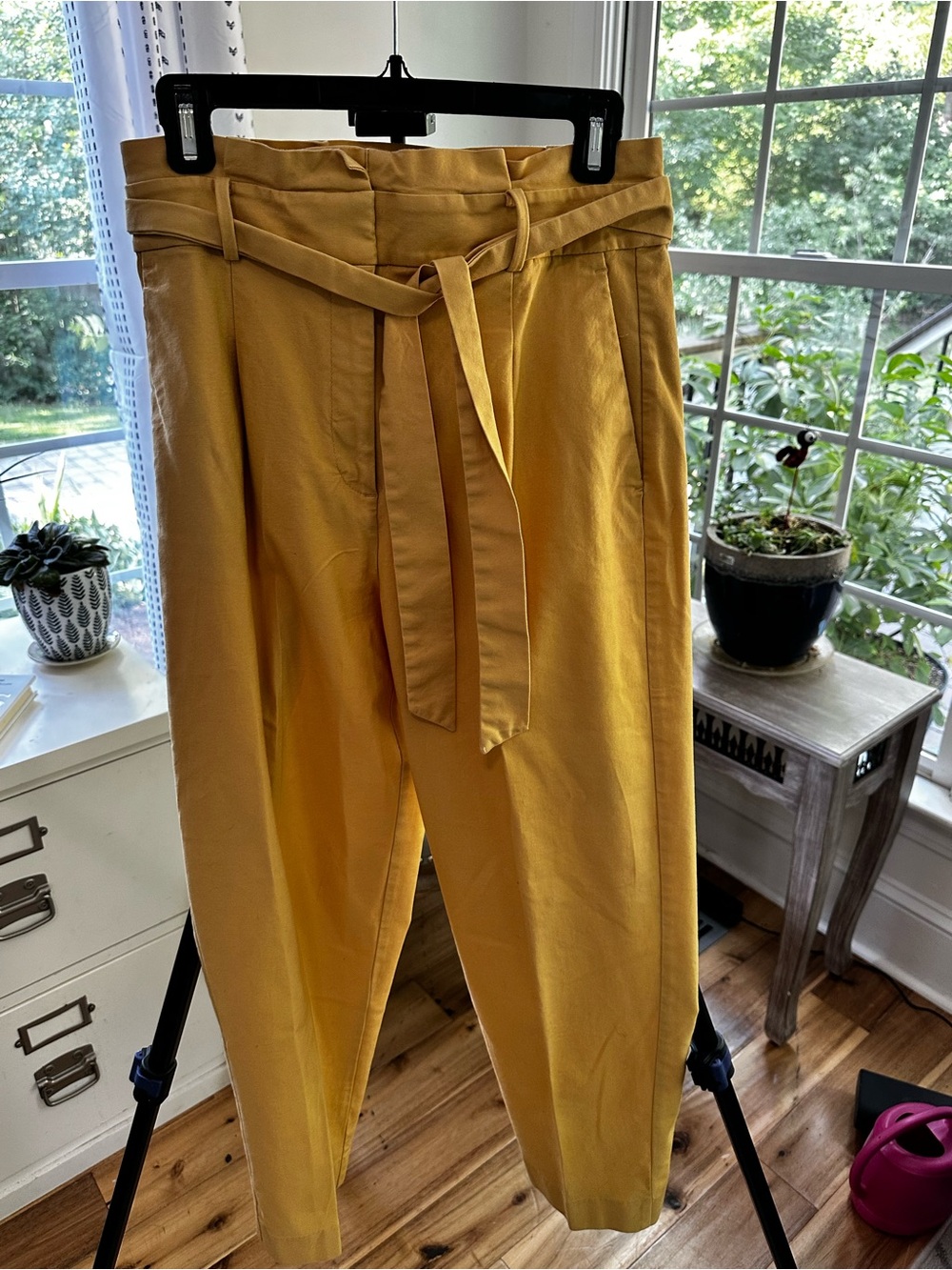 High-Waist Paperbag Tie Belt women’s Pants — Mustard Yellow